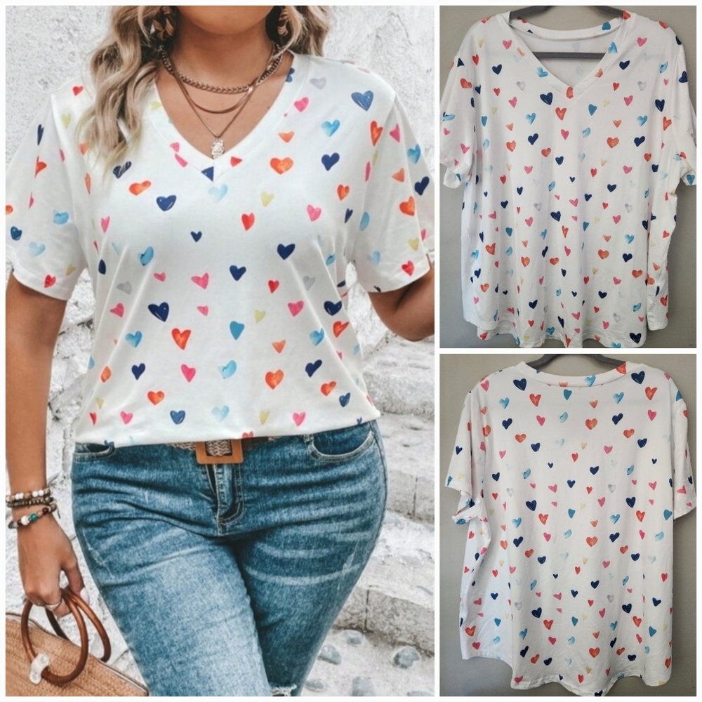 SHEIN White Heart Print Short Sleeve Tee